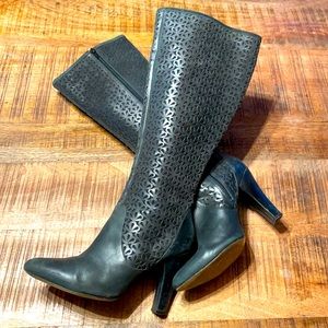 Laser cut leather and suede tall boots